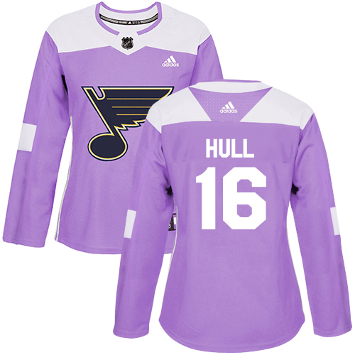 Adidas Blues #16 Brett Hull Purple Authentic Fights Cancer Women's Stitched NHL Jersey - Click Image to Close